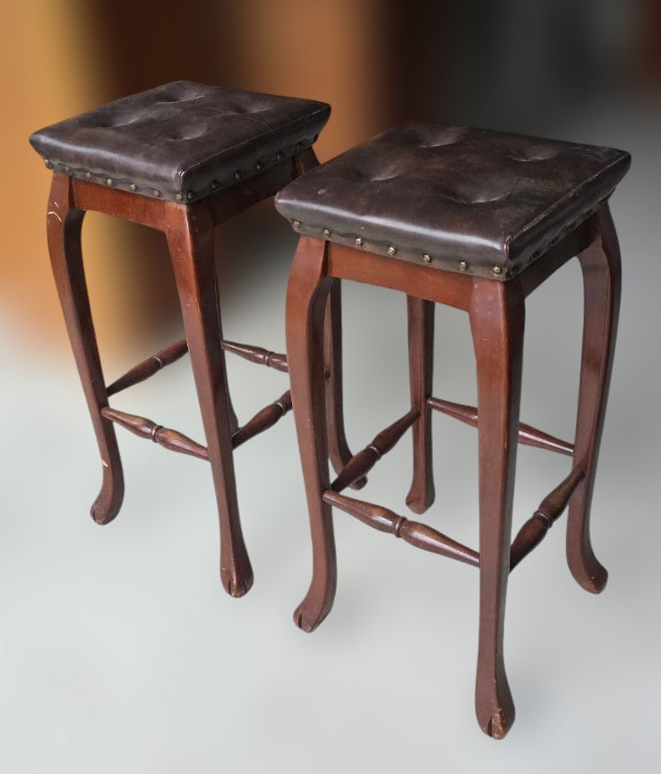 Wooden Counter Stool with Brown Upholstery