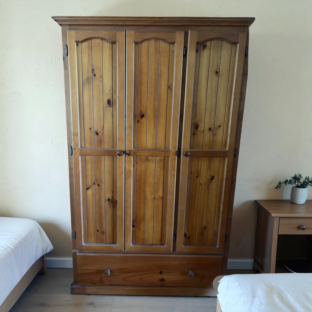 2x Solid Pine Wood 3-Door Wardrobes (Dimensions: H200cm, W130cm, D56cm) 250 Each