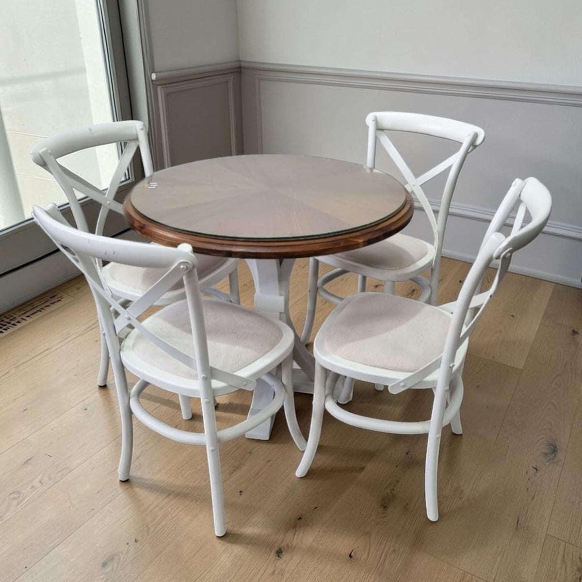 5 Pc Dining Set - Wooden Table With Glass (75 X 88cm) And 4x Cross-Back Chairs