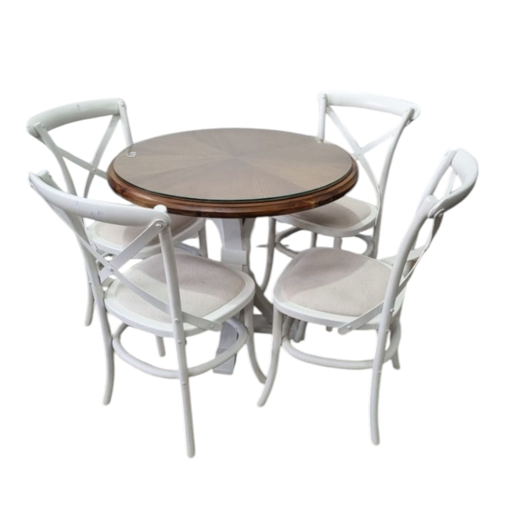 5 Pc Dining Set - Wooden Table With Glass (75 X 88cm) And 4x Cross-Back Chairs