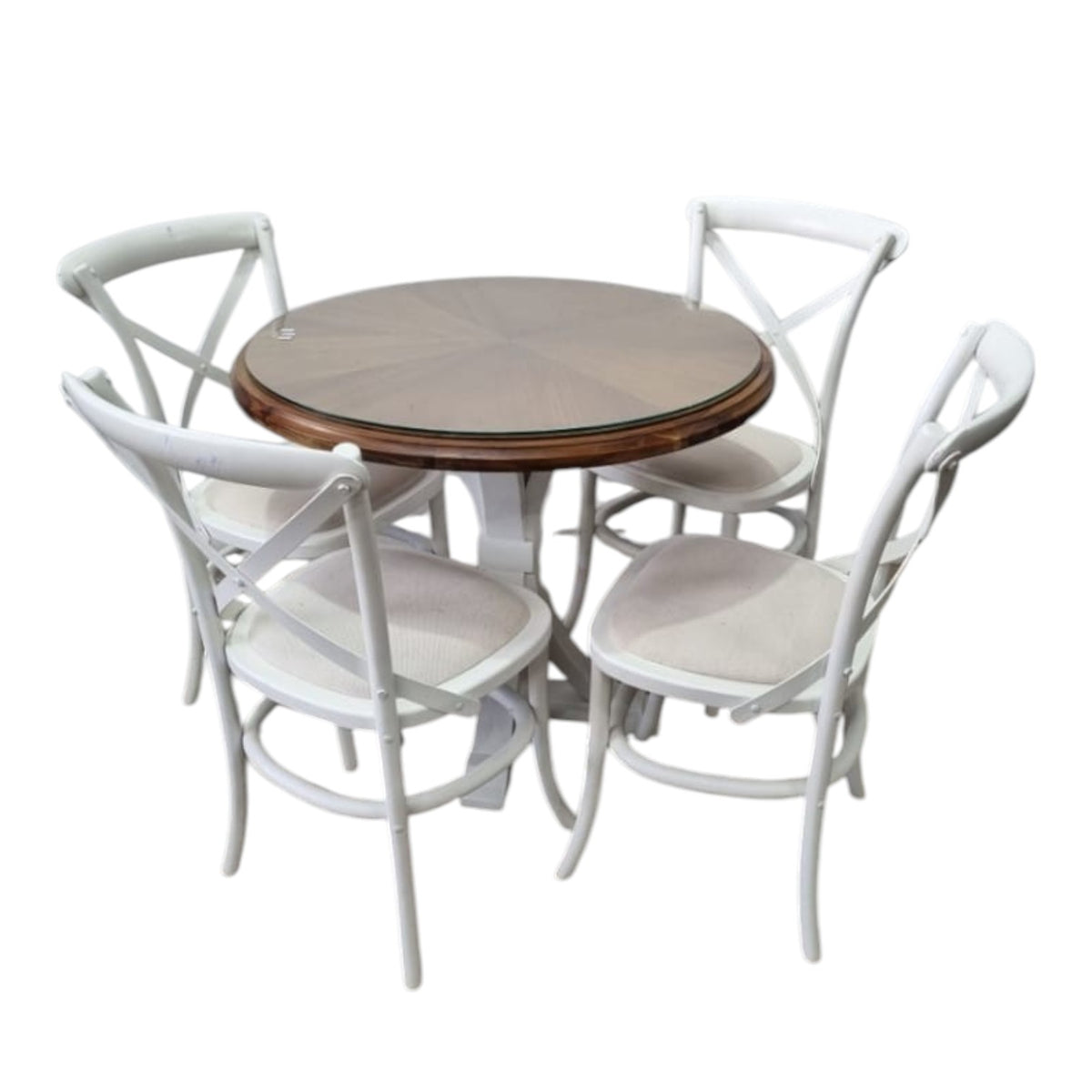 5 Pc Dining Set - Wooden Table With Glass (75 X 88cm) And 4x Cross-Back Chairs