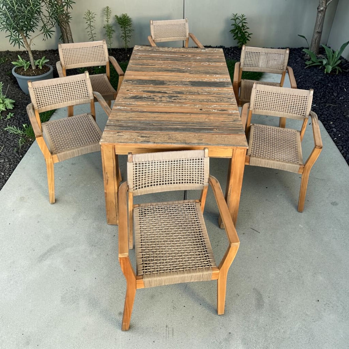 7 Piece Outdoor Wood Woven Rope Dining Set, Light Teak/Natural