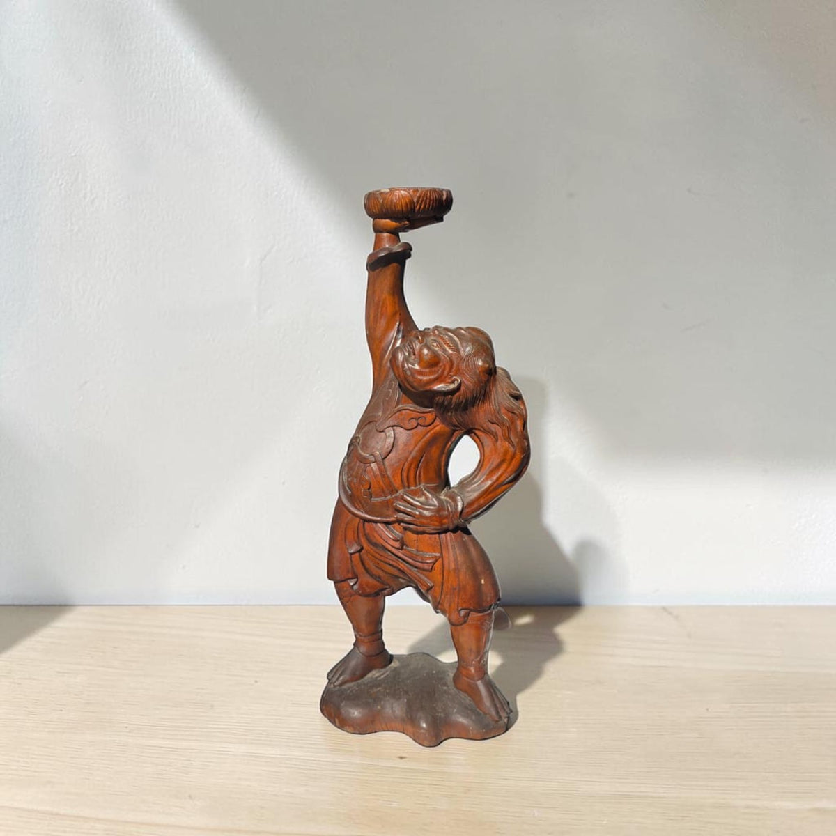 Antique East Asian Carved Wood Figure Candlestick Holder