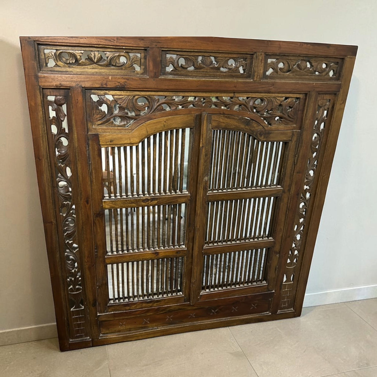 Antique Style Carved Teak Window Mirror with Shutter Doors