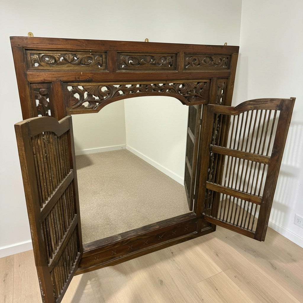 Antique Style Carved Teak Window Mirror with Shutter Doors