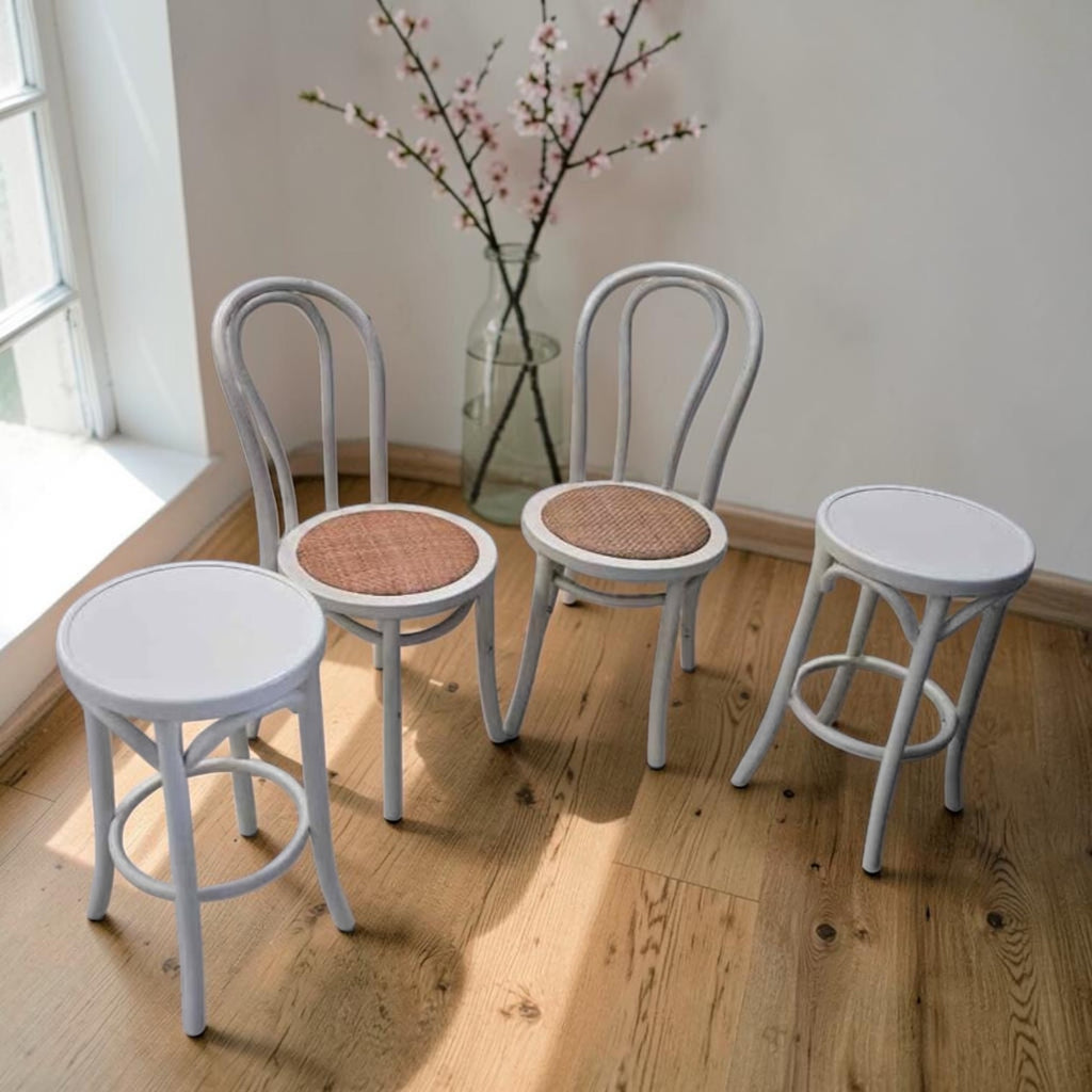 White Bentwood Chairs With Stools