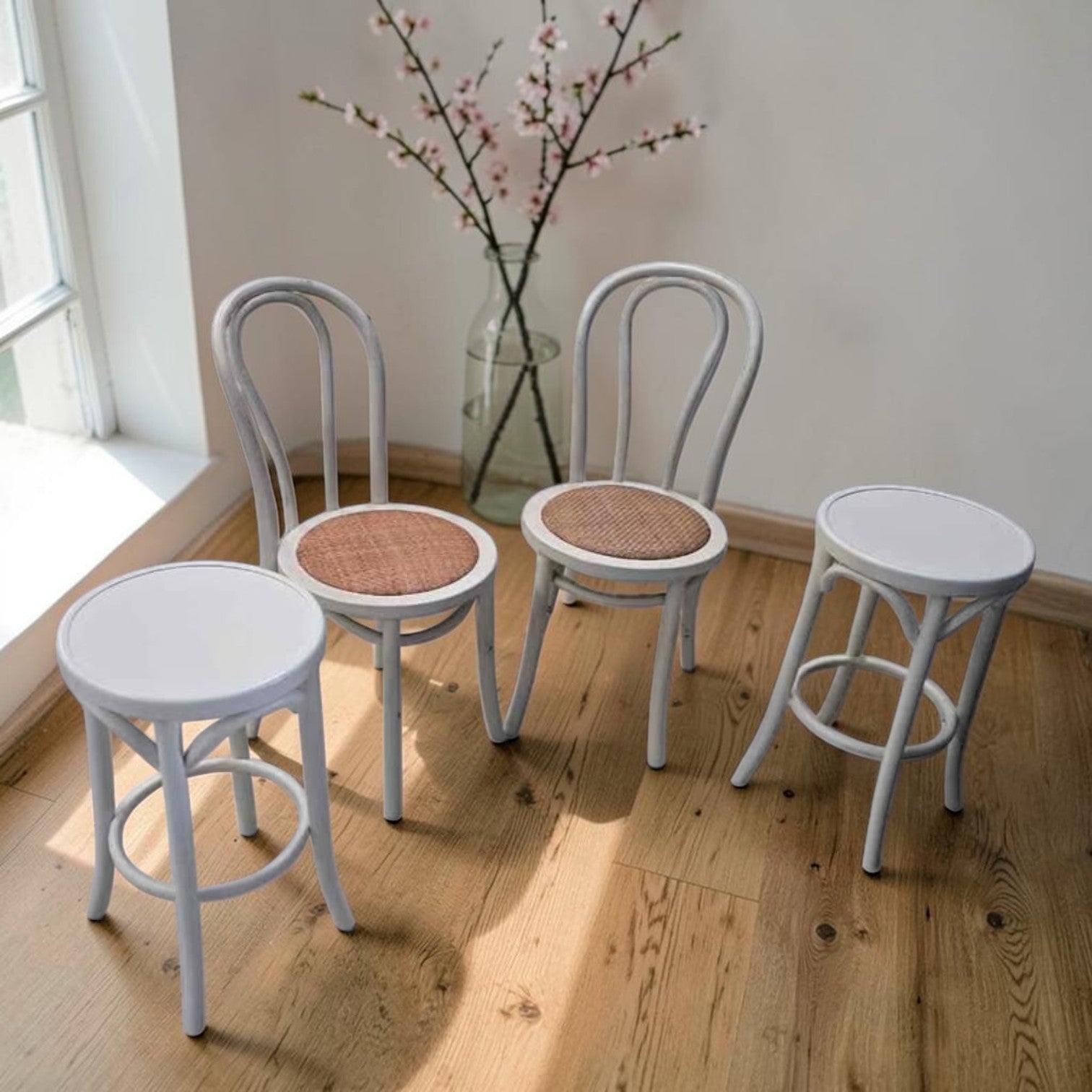 White Bentwood Chairs With Stools