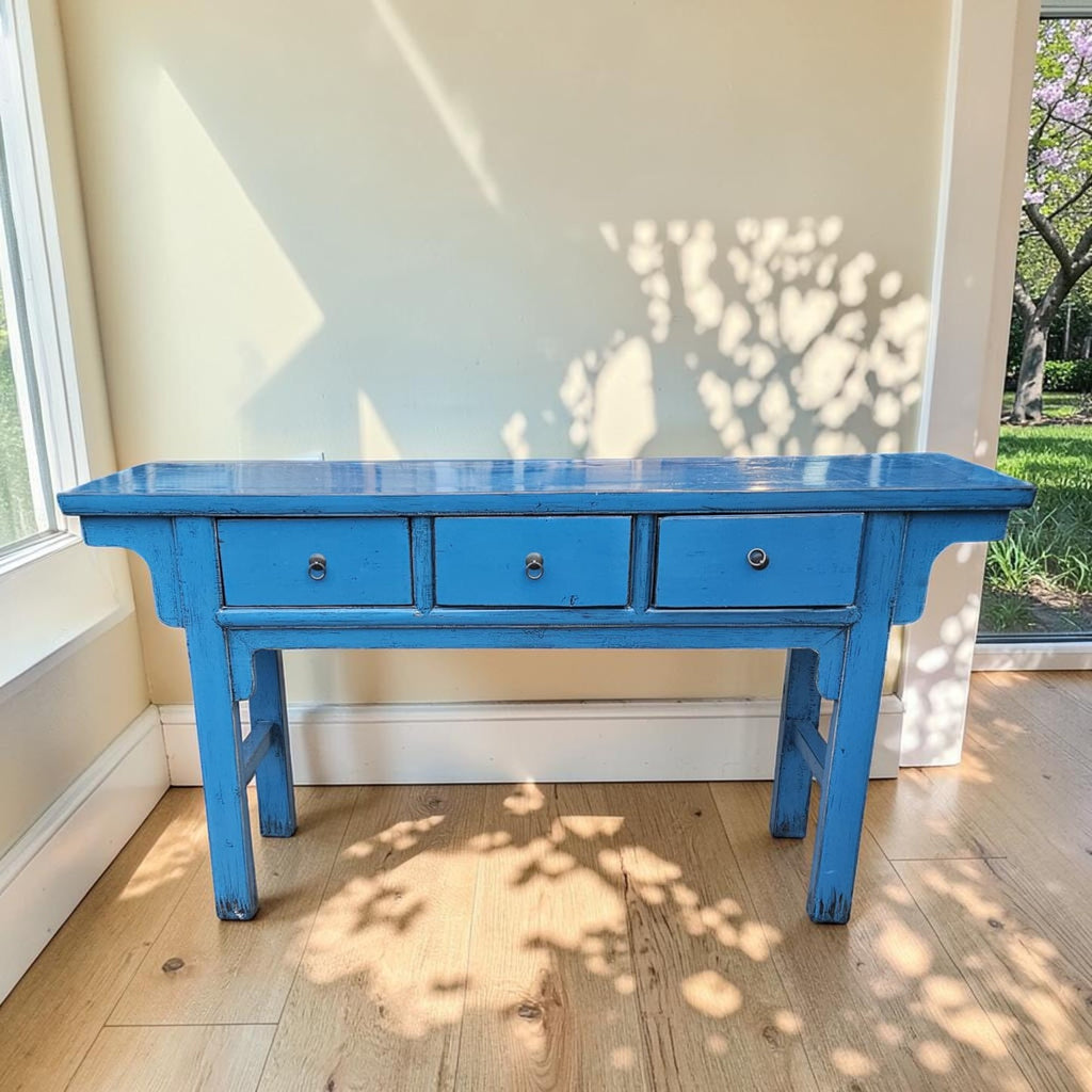 Chinese Elmwood Console Table In Blue