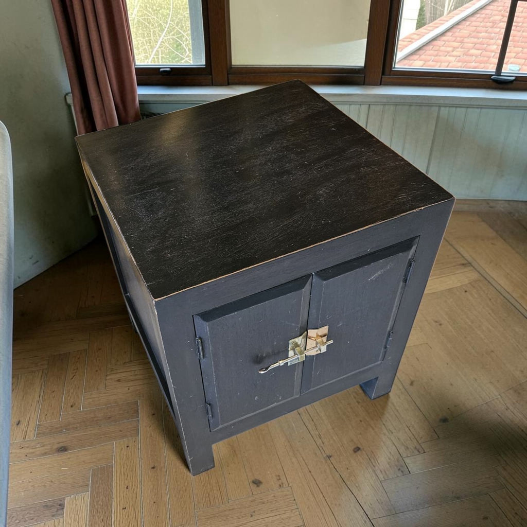 Chinese Style Black Lacquered Wood Cabinet (Dimensions: 55x50x50)