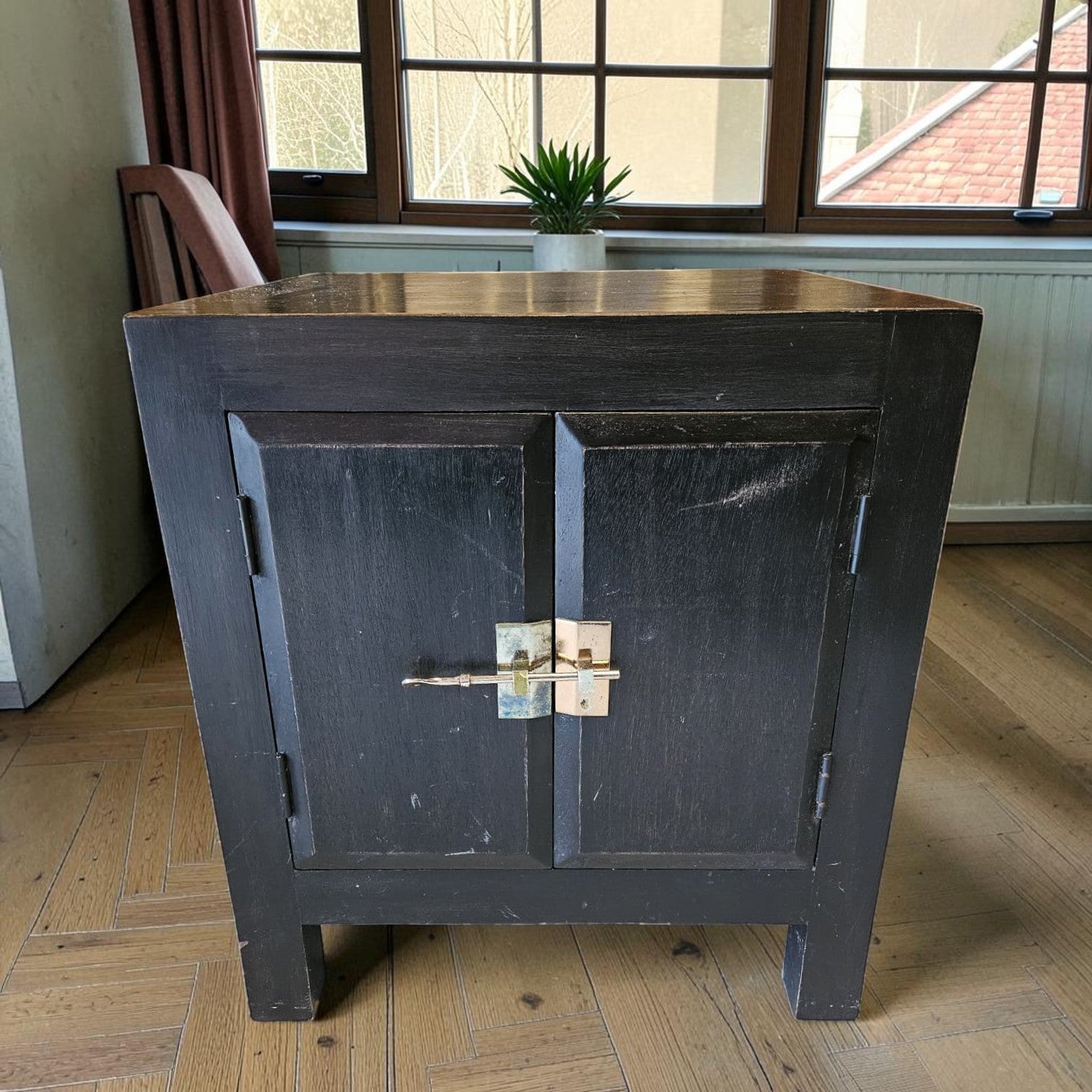 Chinese Style Black Lacquered Wood Cabinet (Dimensions: 55x50x50)