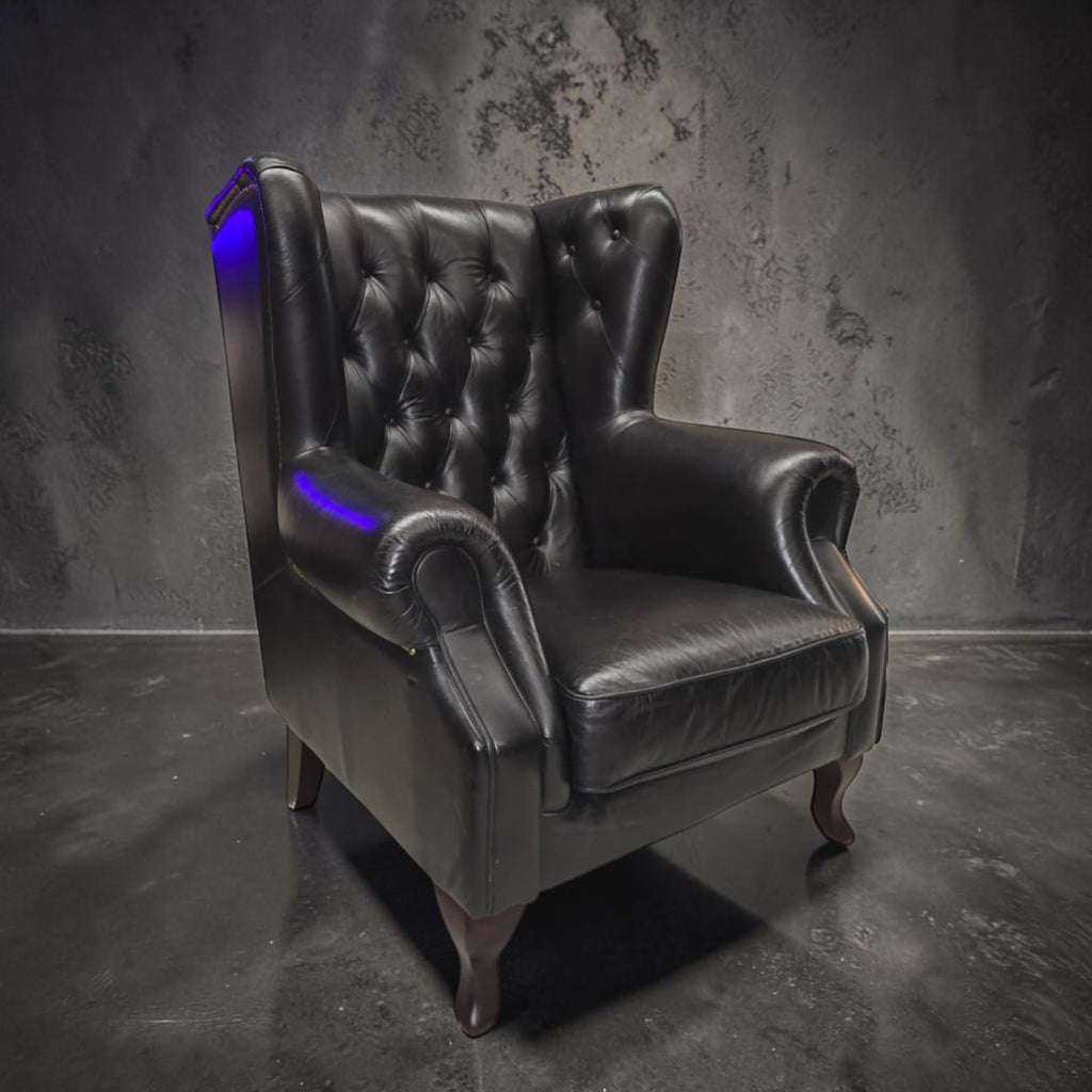 Classic Black Leather Chesterfield Wingback Armchair (Dimensions: 116x94x84)
