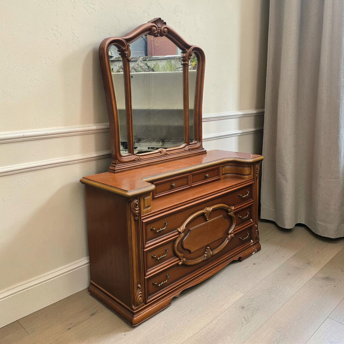 Classic Ornate Wooden Dresser With Mirror - Matching Side Tables Available