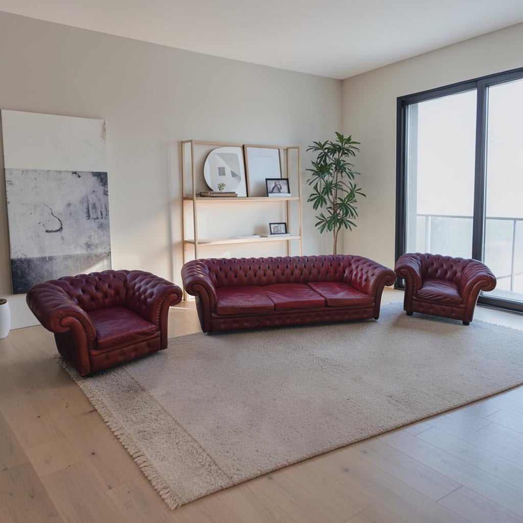 Classic Oxblood Red Leather Chesterfield Lounge Suite (Dimensions: 68x274x105)
