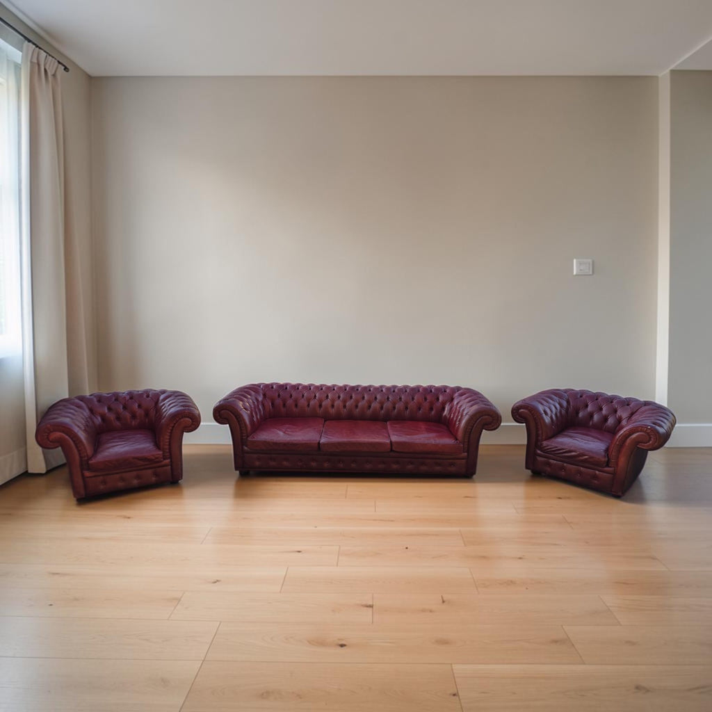 Classic Oxblood Red Leather Chesterfield Lounge Suite (Dimensions: 68x274x105)