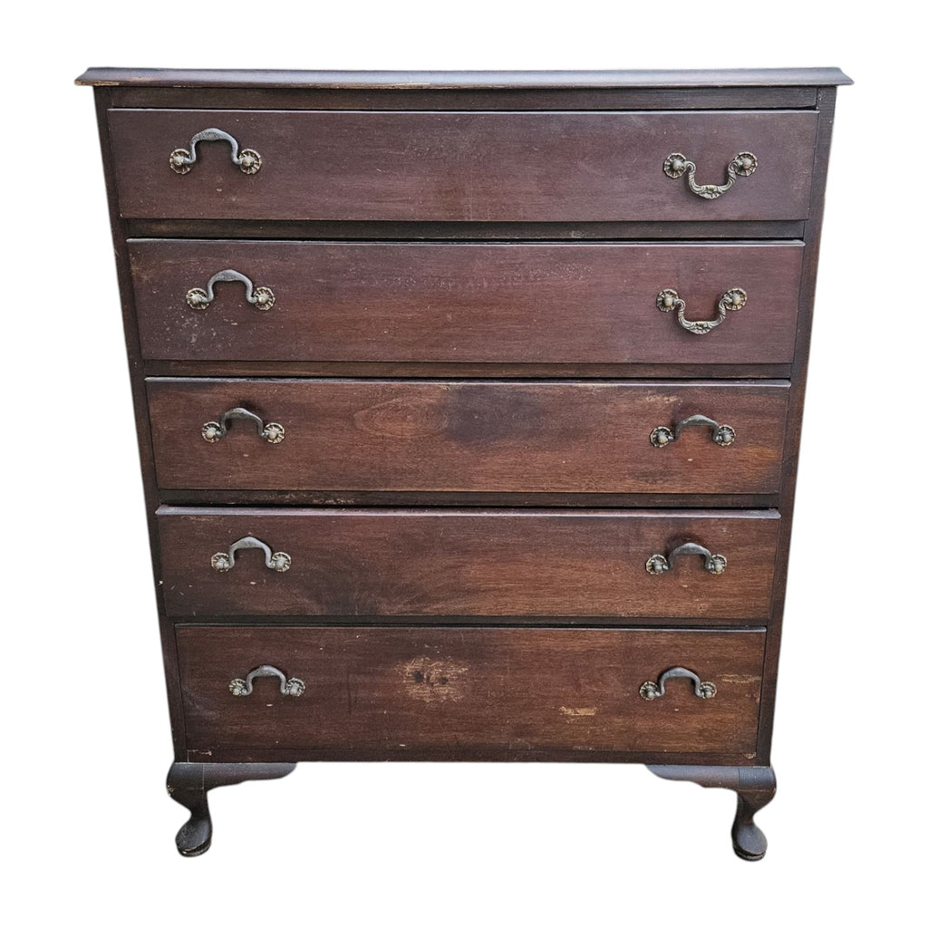 Dark Stain Mahogany Five Drawers Chest Of Drawers (Dimensions: 105x84x50)