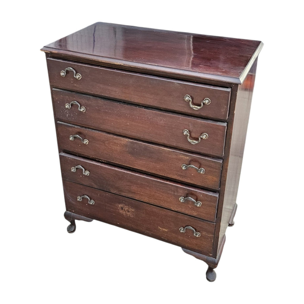 Dark Stain Mahogany Five Drawers Chest Of Drawers (Dimensions: 105x84x50)