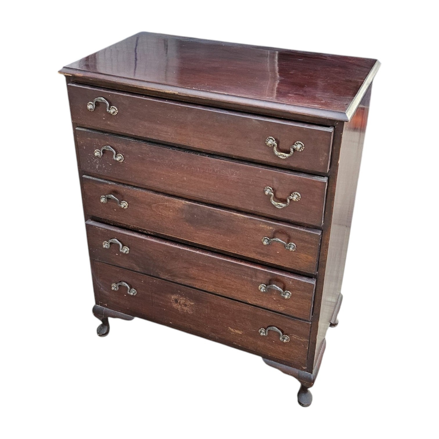 Dark Stain Mahogany Five Drawers Chest Of Drawers (Dimensions: 105x84x50)