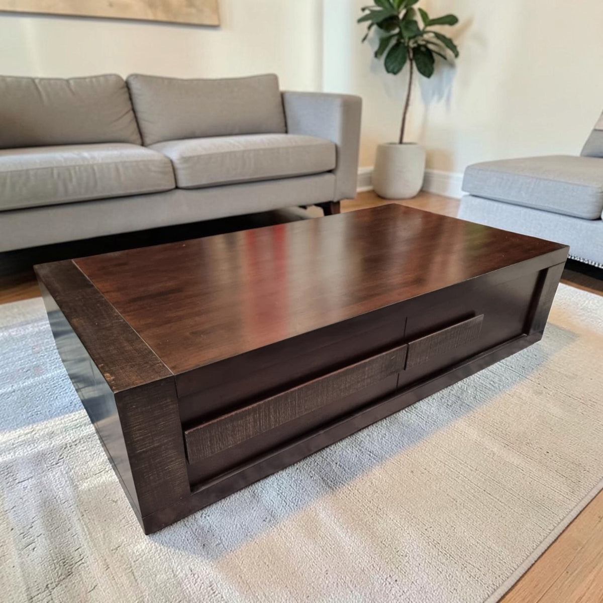 Dark Wood Coffee Table With Built-In Storage Drawers (Dimensions: 37x140x75)