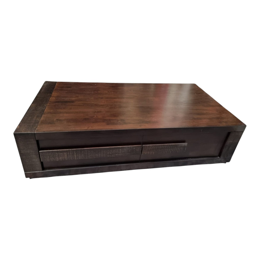 Dark Wood Coffee Table With Built-In Storage Drawers (Dimensions: 37x140x75)
