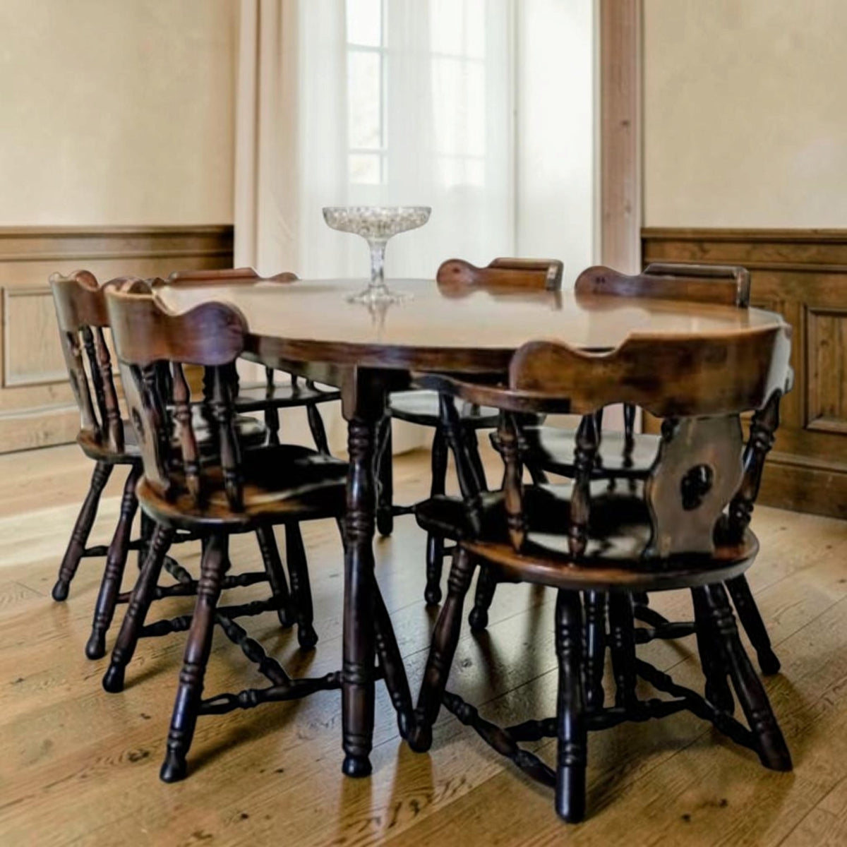 Dark Wood Oval Dining Table With Six Traditional Windsor-Style Wooden Chairs