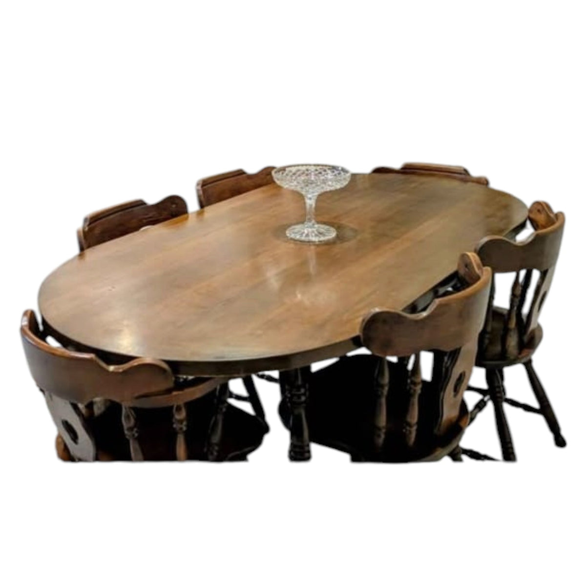 Dark Wood Oval Dining Table With Six Traditional Windsor-Style Wooden Chairs