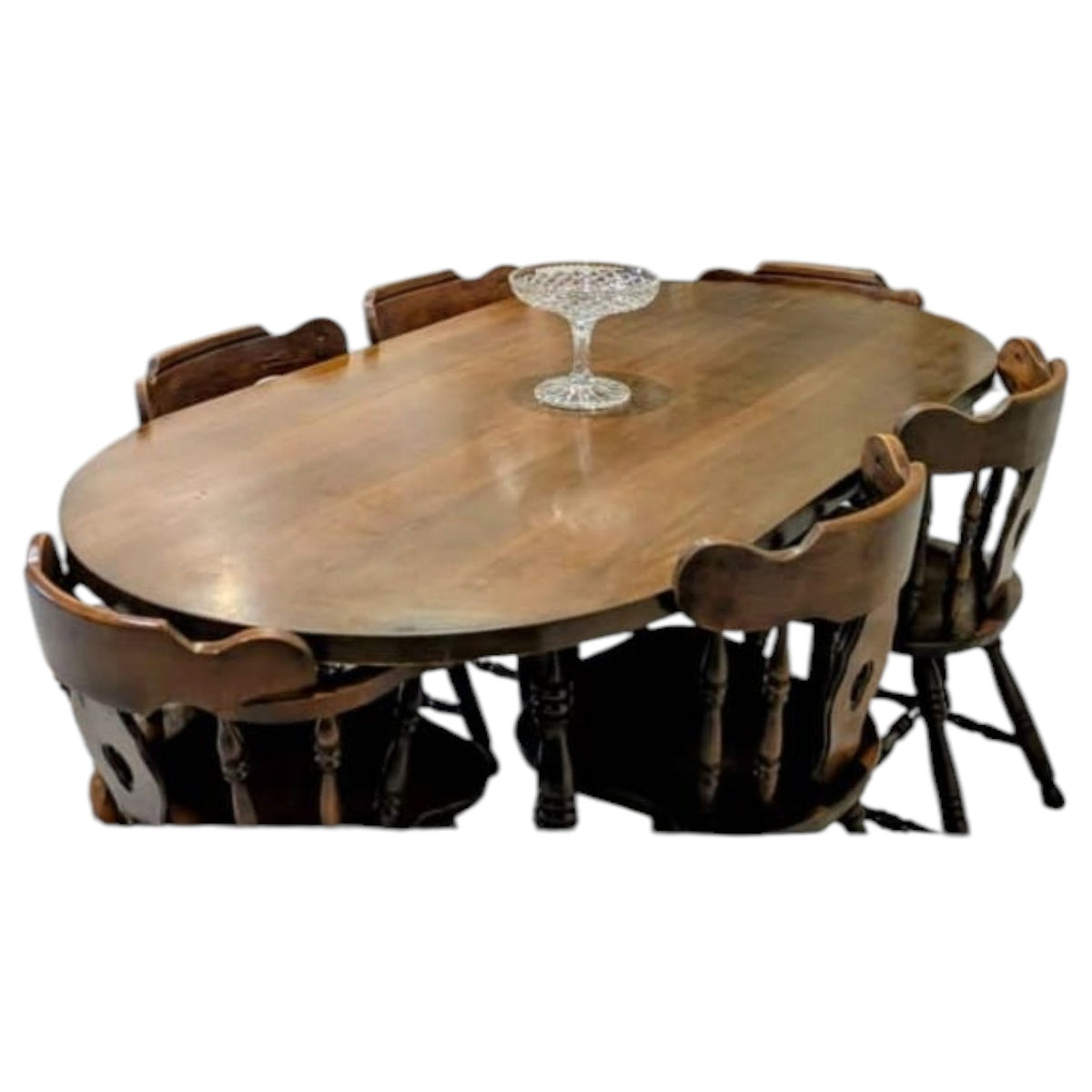 Dark Wood Oval Dining Table With Six Traditional Windsor-Style Wooden Chairs