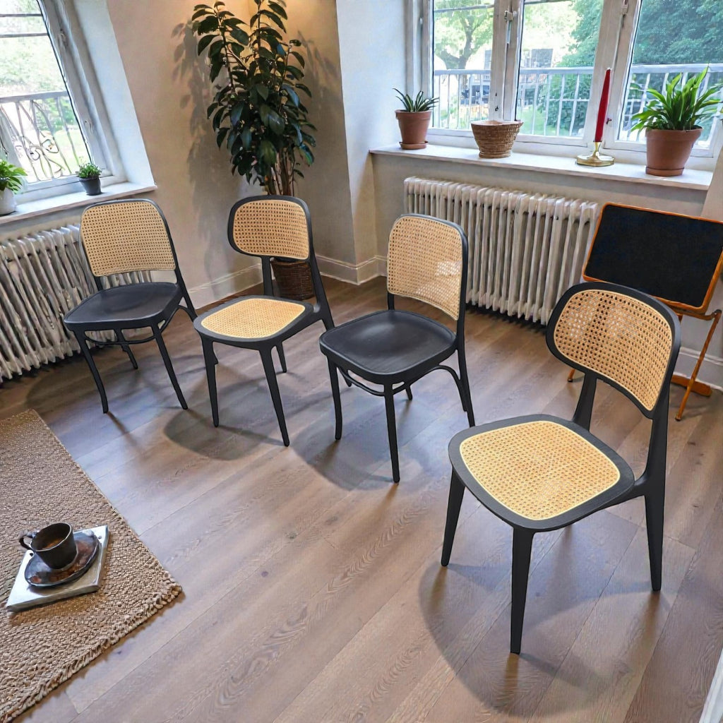 Dining Chairs In Black With Natural Rattan Seats And Backs (Priced Each)