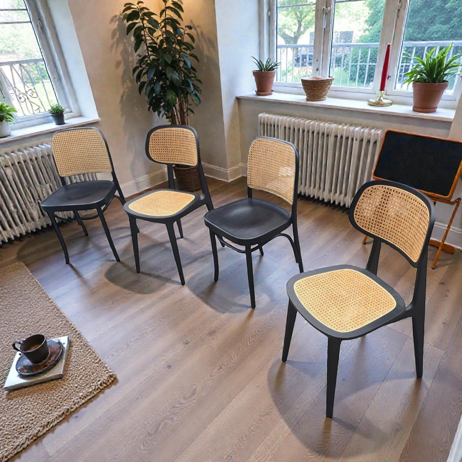 Dining Chairs In Black With Natural Rattan Seats And Backs (Priced Each)