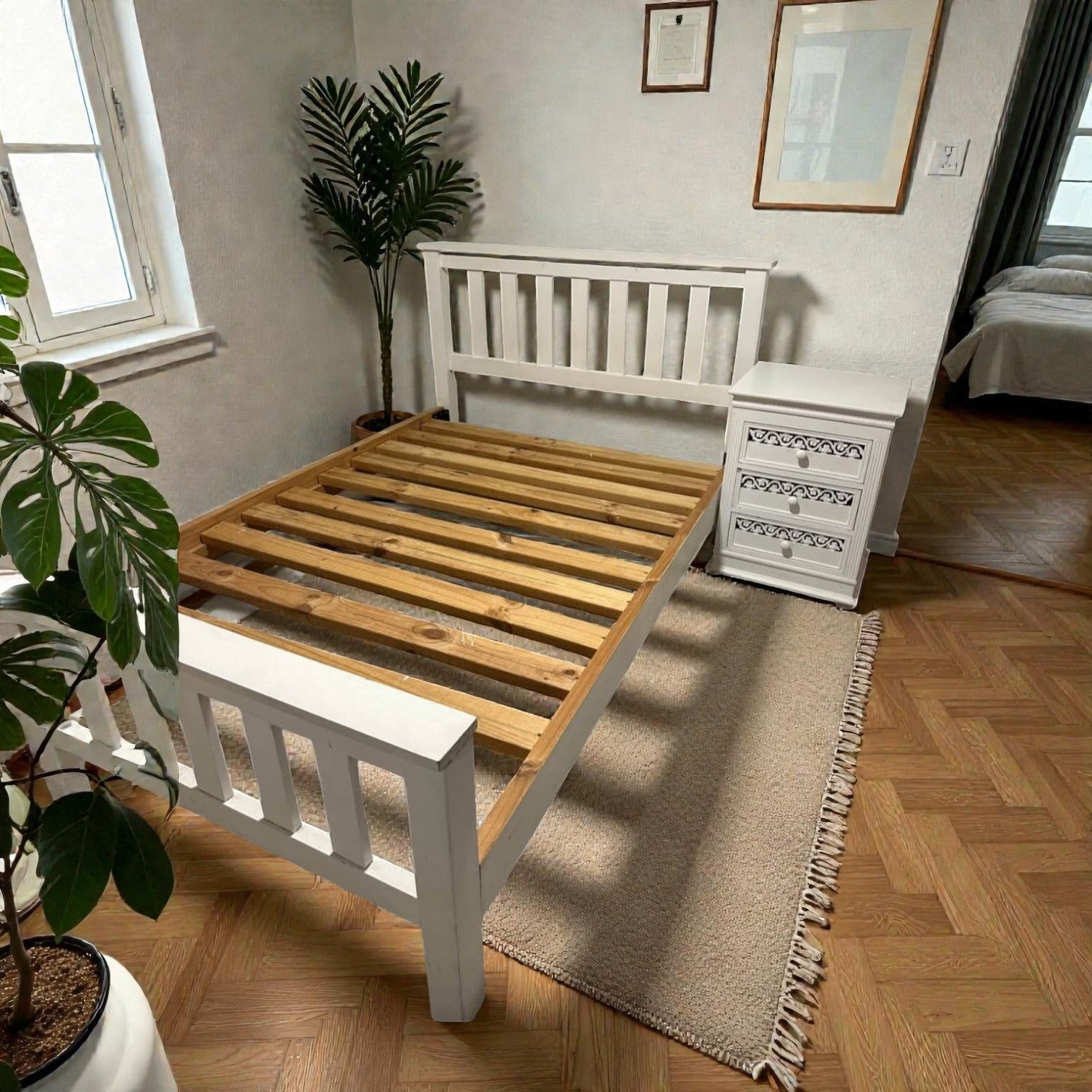 Double Wooden Bed Frame With Side Table