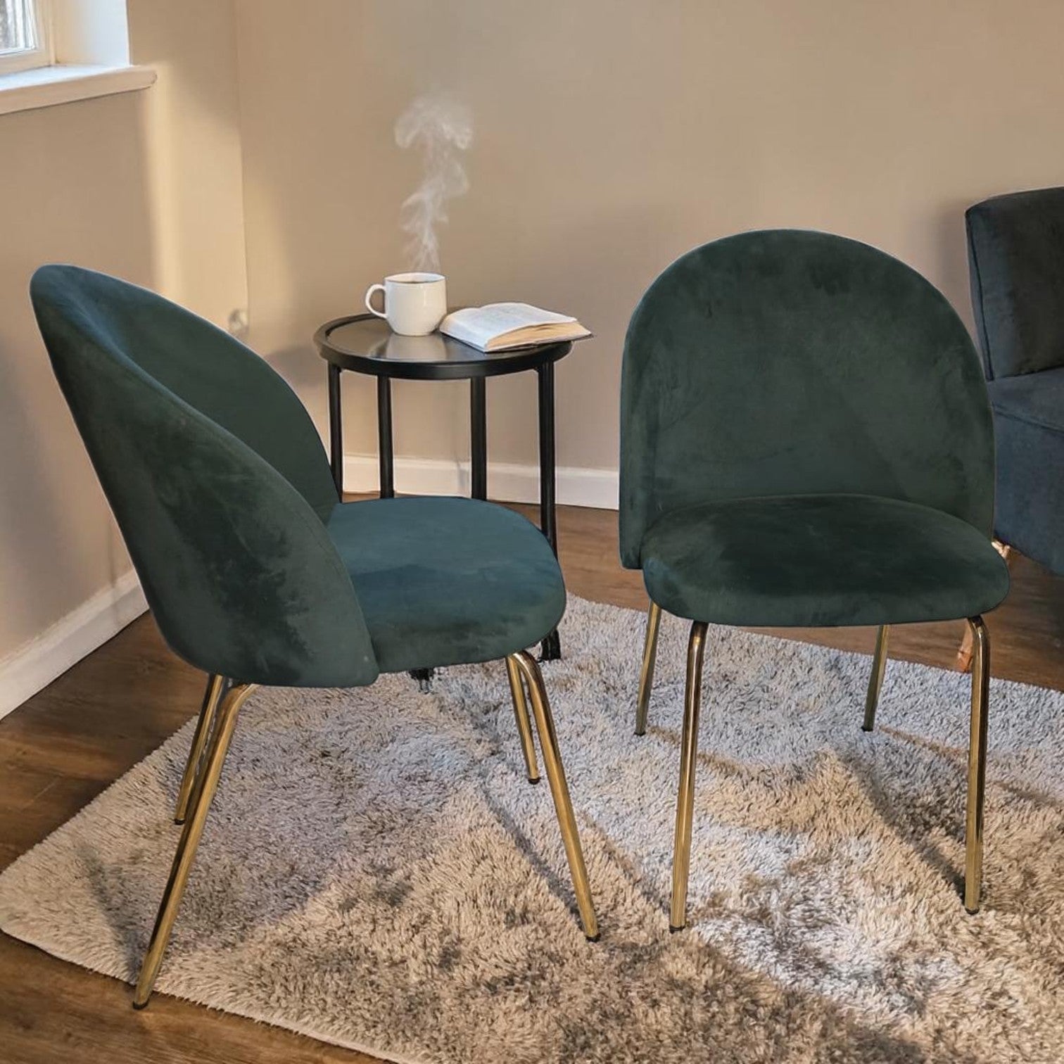 Emerald Green Velvet Upholstery Dining Chairs With Golden Finished Metal Legs