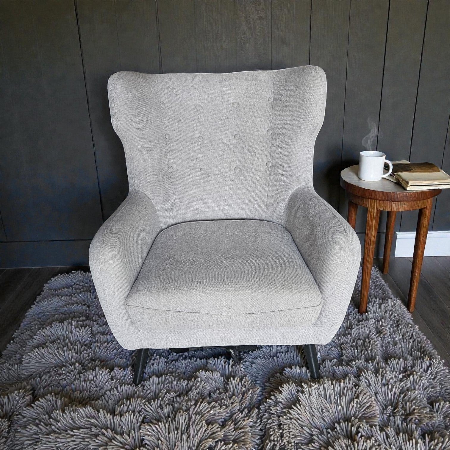 Grey Fabric Wingback Armchairs - 175 Each