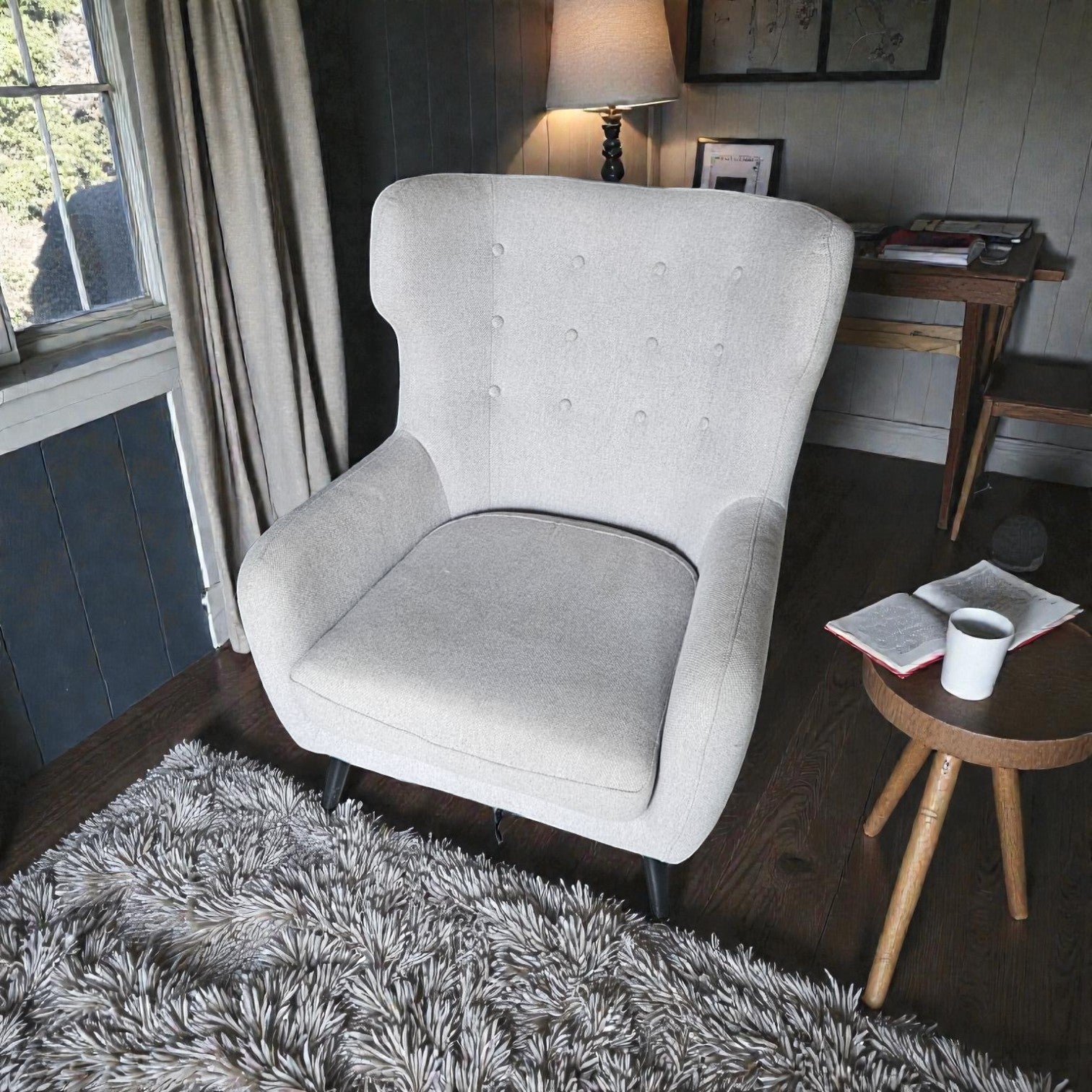 Grey Fabric Wingback Armchairs - 175 Each