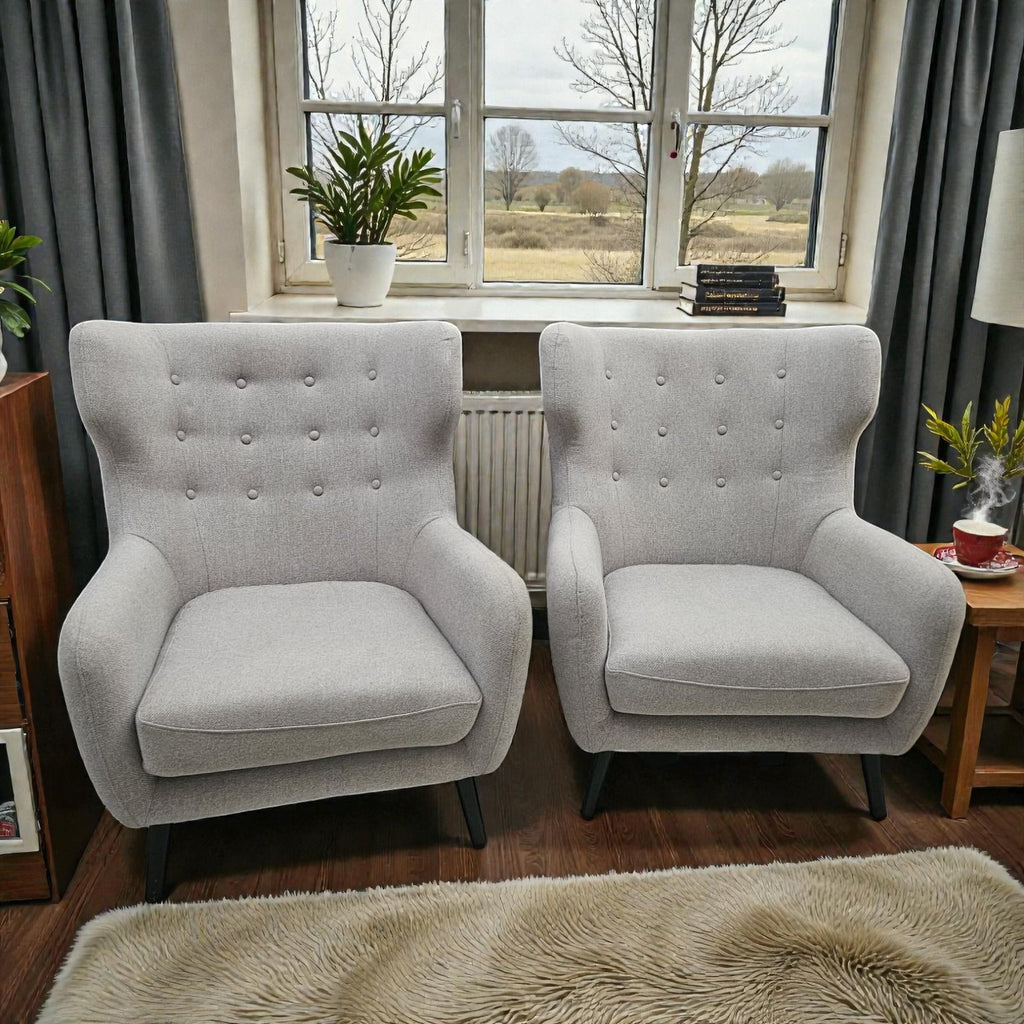 Grey Fabric Wingback Armchairs - 175 Each