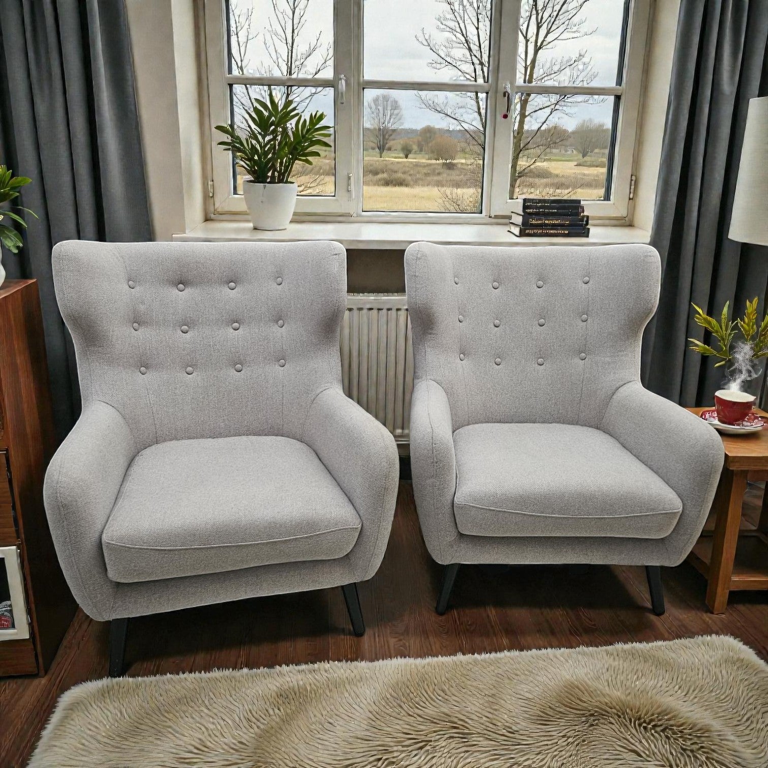 Grey Fabric Wingback Armchairs - 175 Each