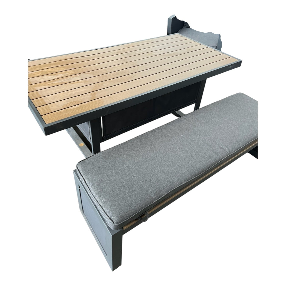 Grey Patio Lounge Set With Charcoal Cushions And A Slatted Wood-Top Rising Table