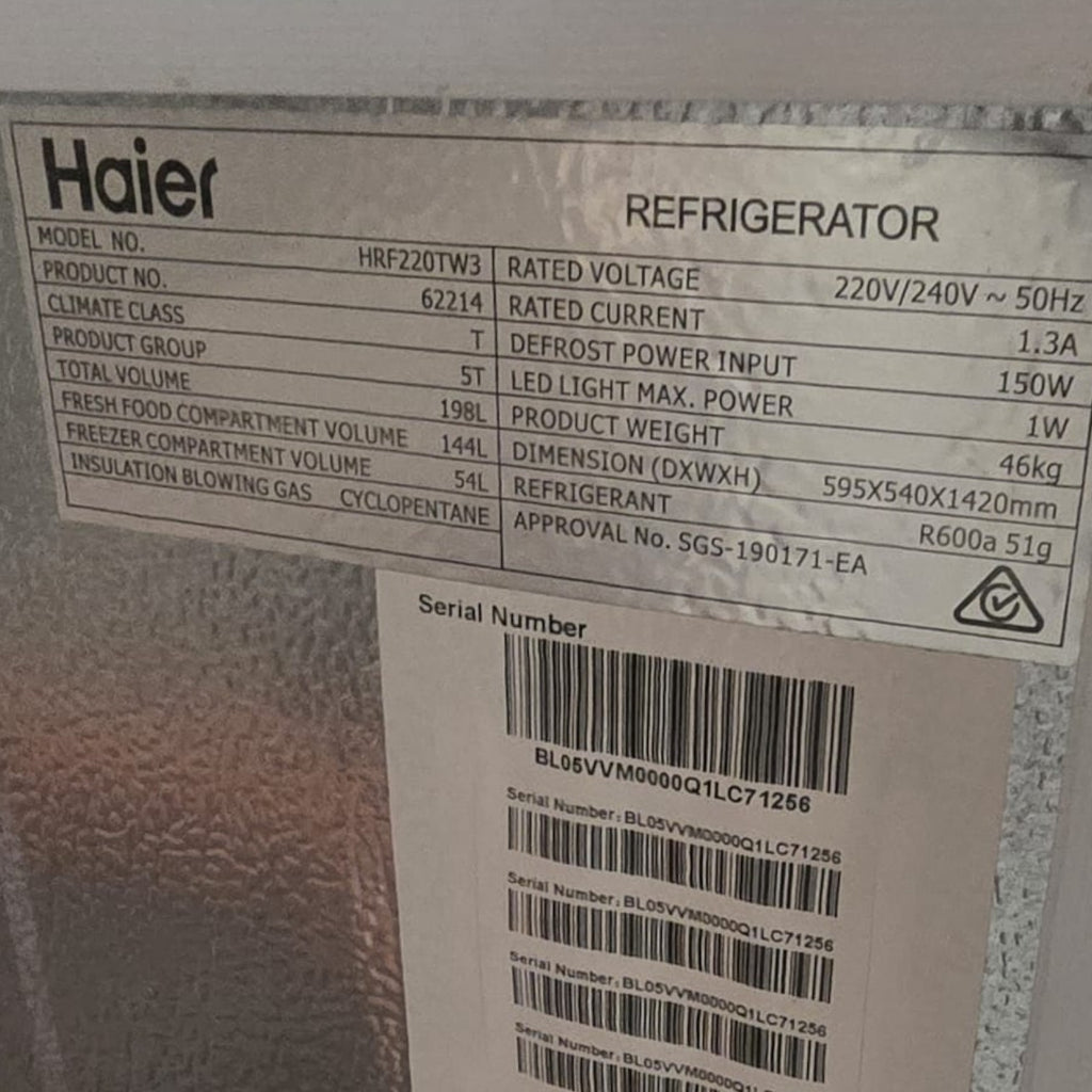 Haier Refrigerator (Model HRF220TW3) (Dimensions (DxWxH): 595 x 540 x 1420 mm)