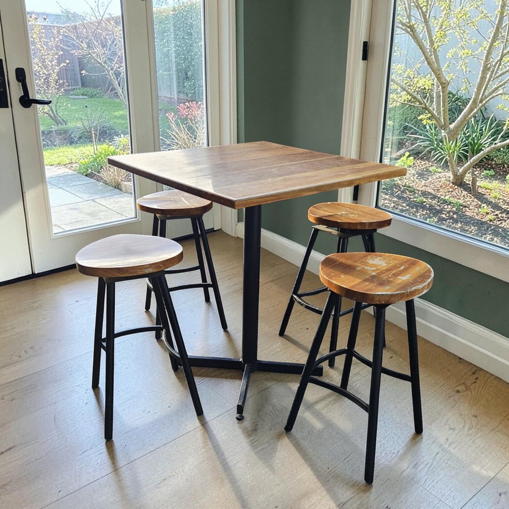 Industrial-Style Pub Table Set (Dimensions - Table: 106x90x90, Chair: 75x40x43)