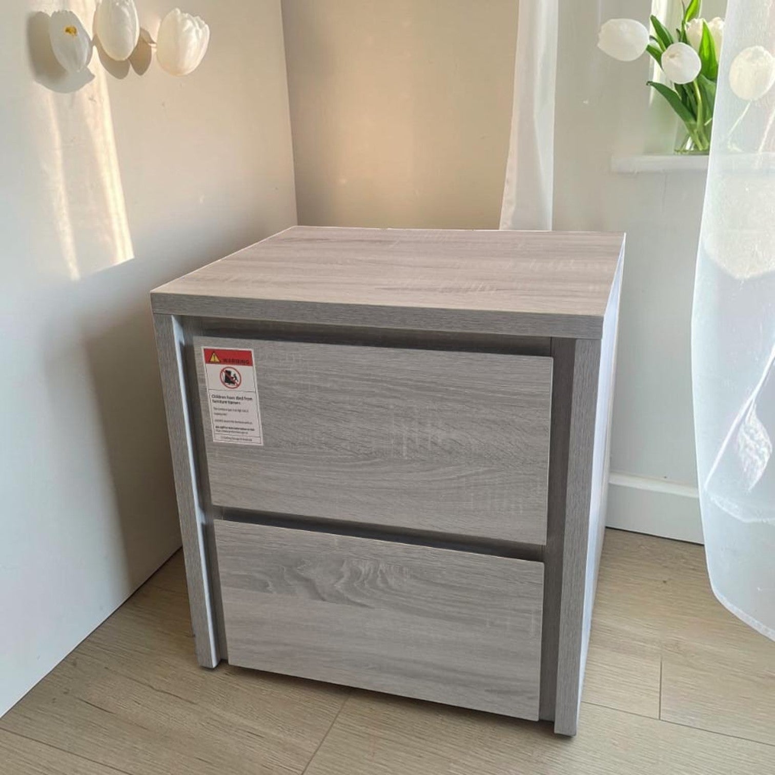 Light Grey Wood-Grain Finish Two-Drawer Bedside Table
