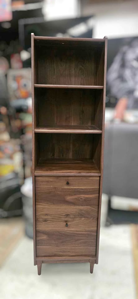 Brixton 70"H Mid-Century Narrow Bookcase with File Drawers, Brown