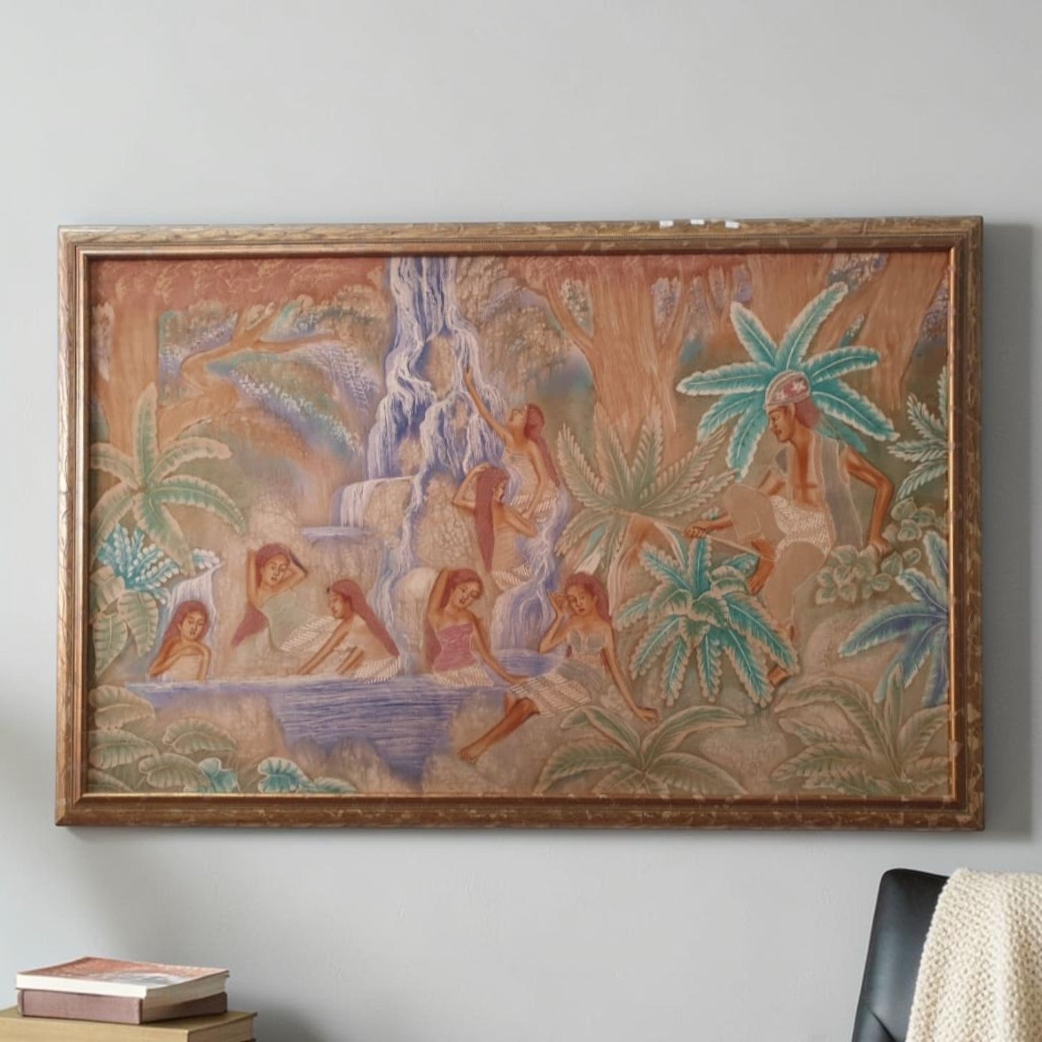 Mid-Century Tropical Figural Painting - Framed Artwork (Dimensions: 103x155cm)