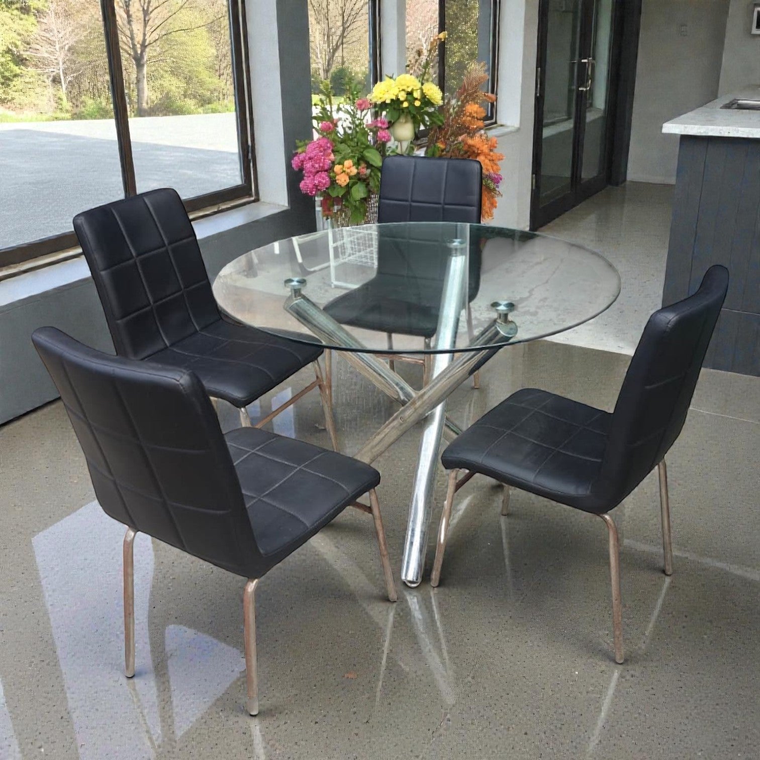 Modern Round Glass Dining Table With Faux Leather Metal Chairs