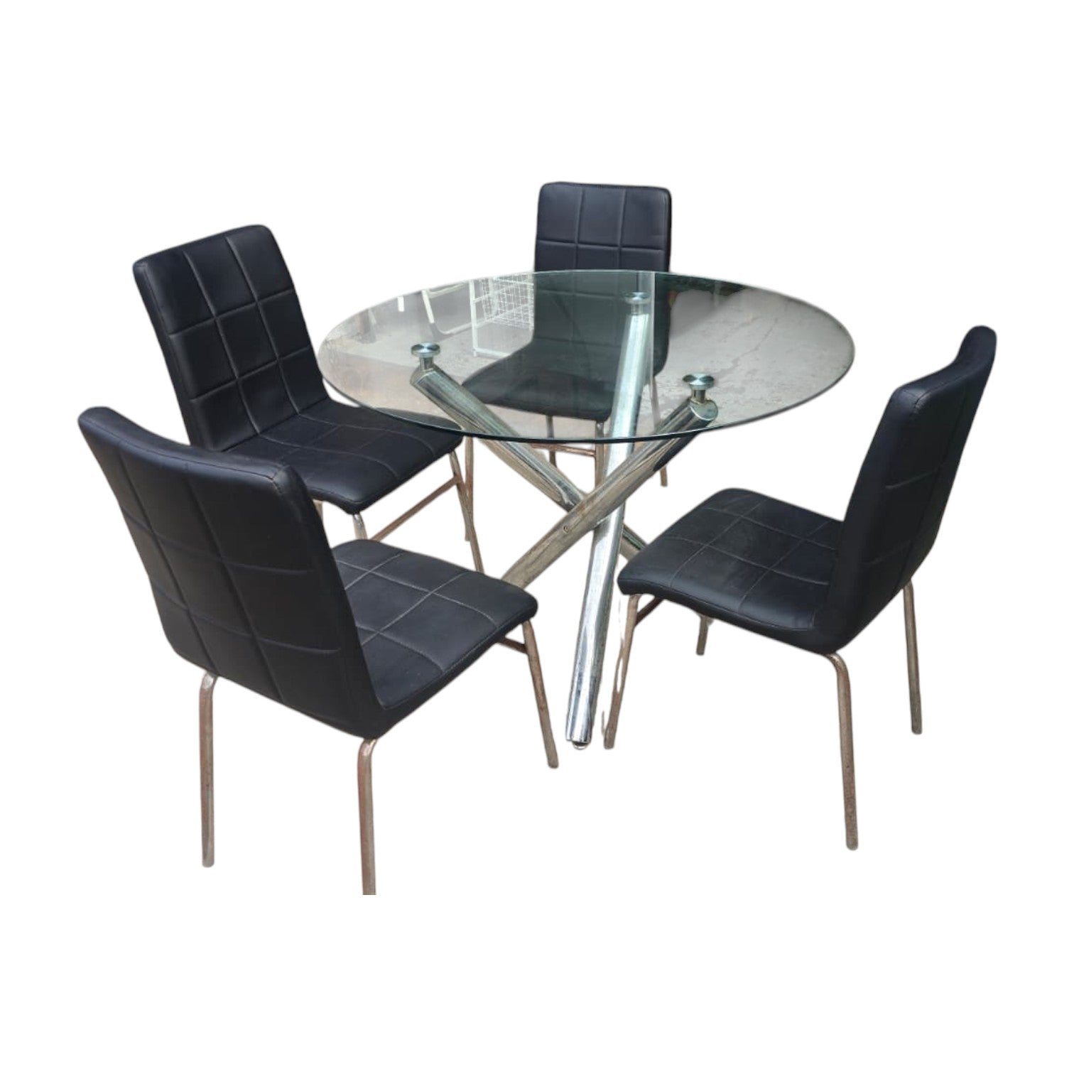 Modern Round Glass Dining Table With Faux Leather Metal Chairs