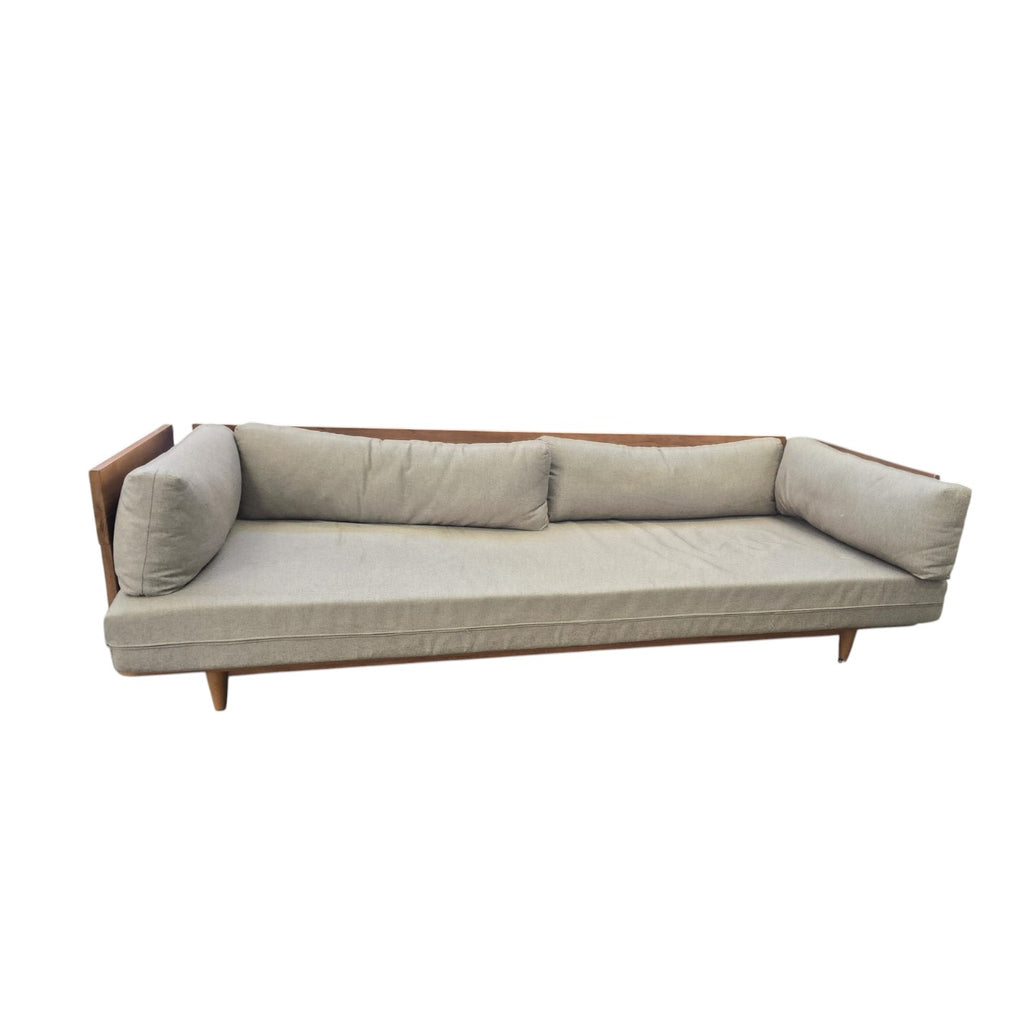 Modern Scandinavian Style Sofa Bed With A Light Wood Frame And Grey Upholstered Cushions X2 ($1300 Each)