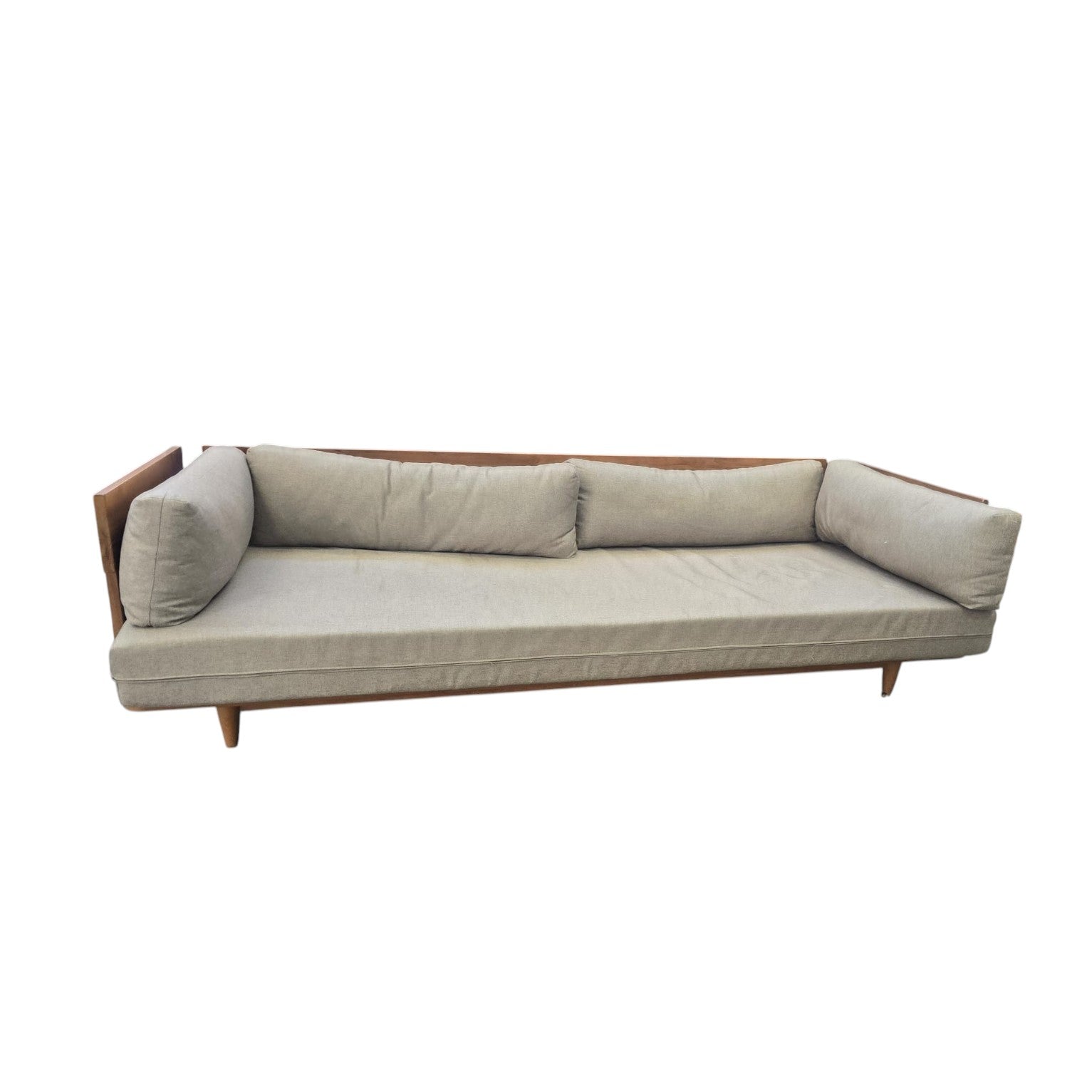 Modern Scandinavian Style Sofa Bed With A Light Wood Frame And Grey Upholstered Cushions X2 ($1300 Each)