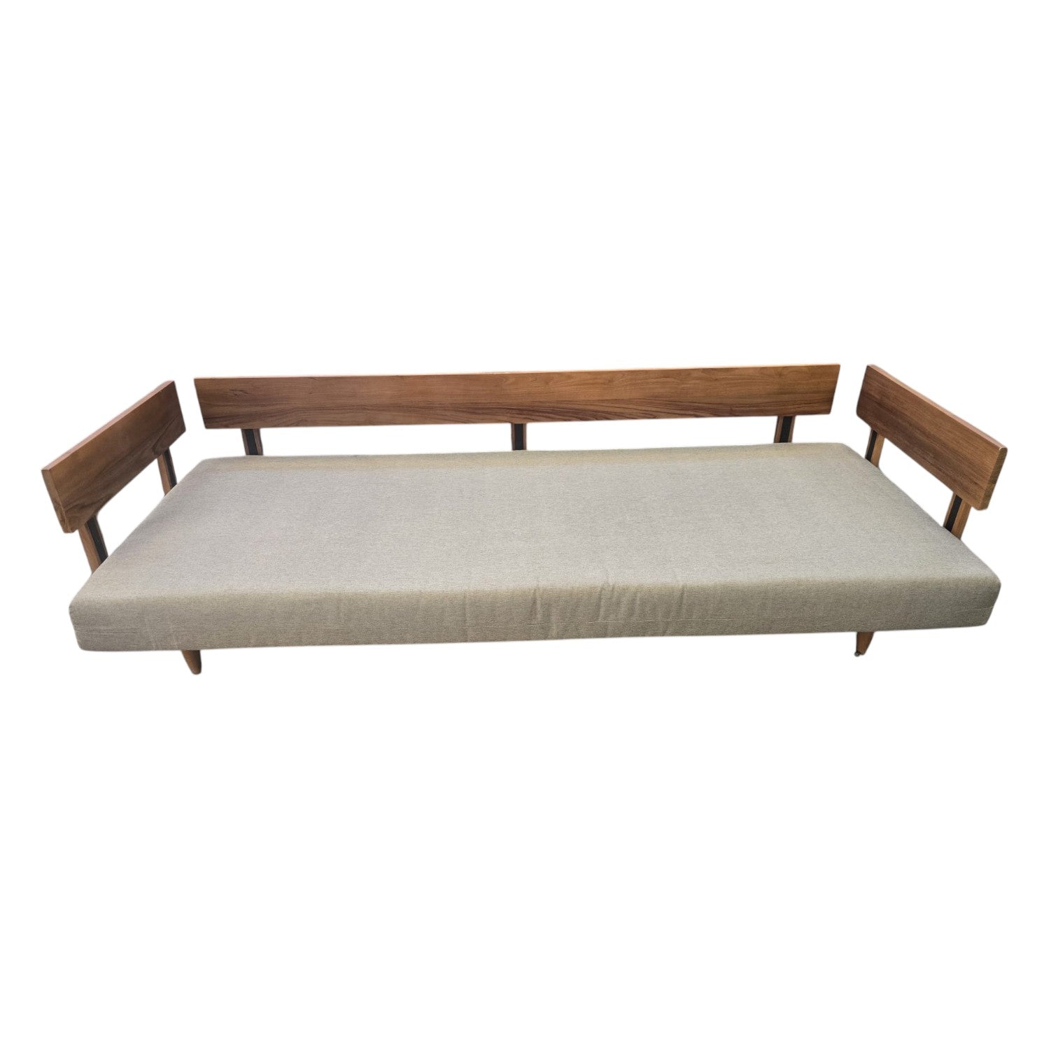 Modern Scandinavian Style Sofa Bed With A Light Wood Frame And Grey Upholstered Cushions X2 ($1300 Each)