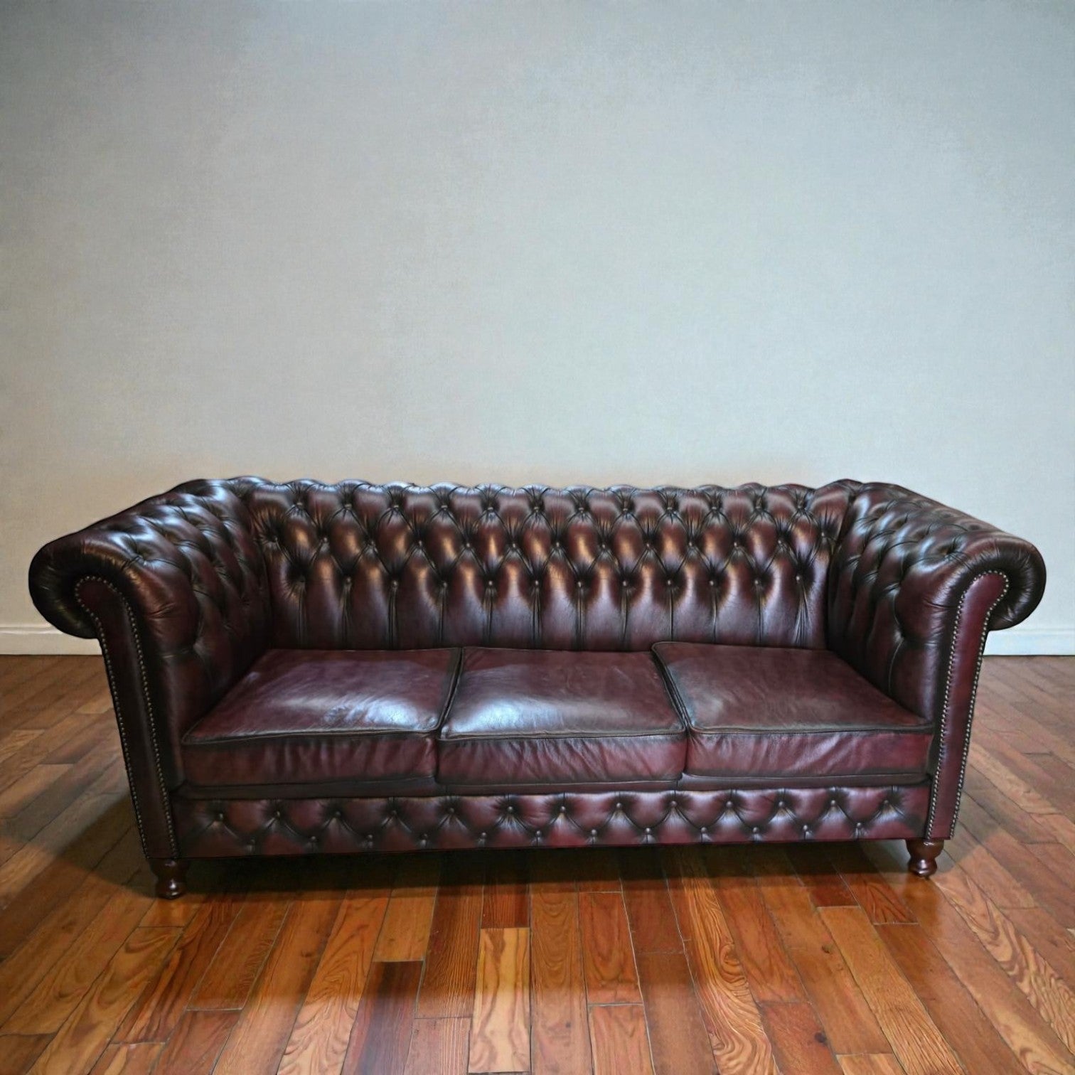 Moran Chesterfield Three Seater Sofa In Burgundy Leather