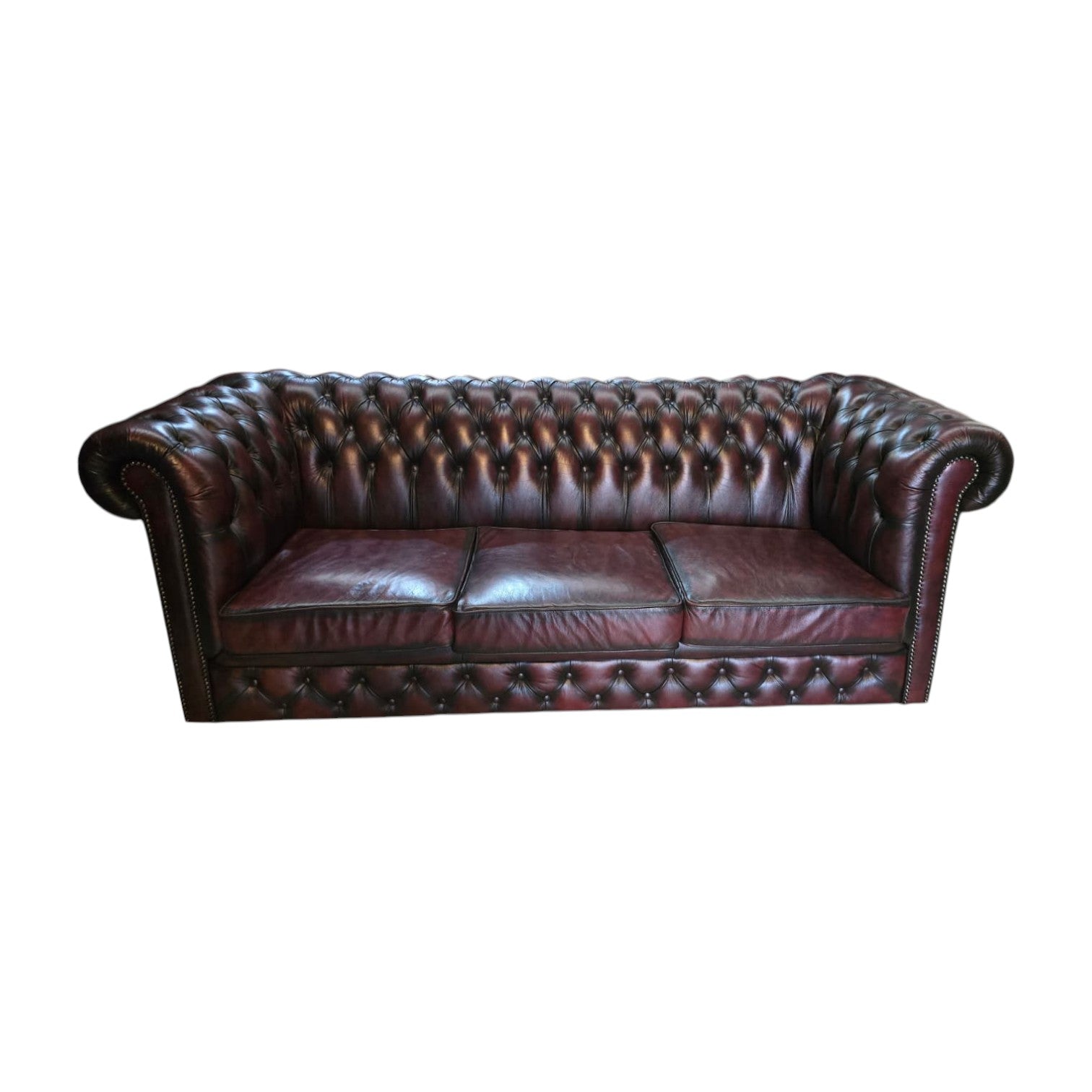 Moran Chesterfield Three Seater Sofa In Burgundy Leather