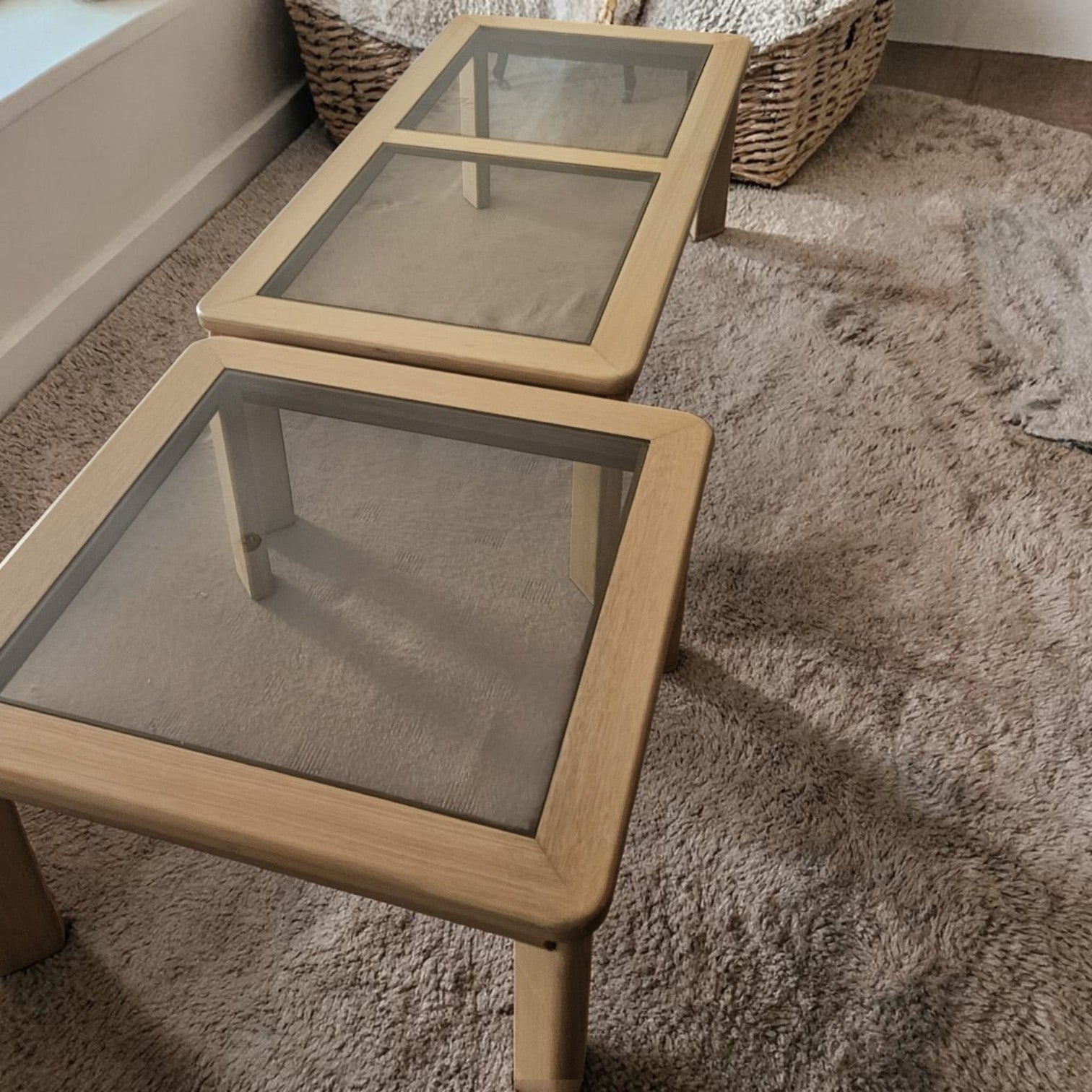 Set Of Modern Rectangular Wooden Coffee Tables With Glass Tops