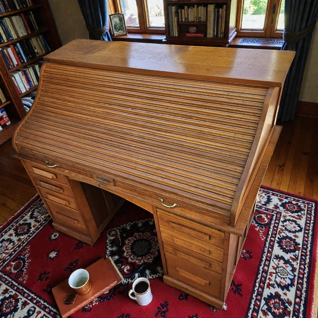 Oak Twin Pedestal Roll Top Desk (Dimensions: 85 X 82 X 39)