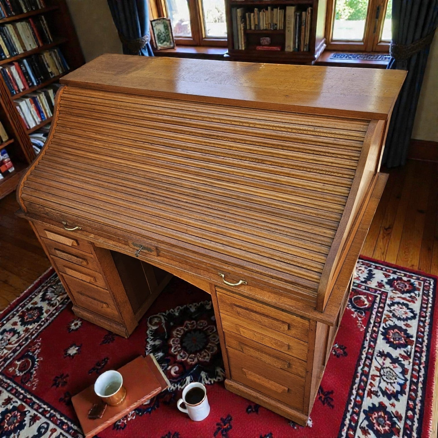 Oak Twin Pedestal Roll Top Desk (Dimensions: 85 X 82 X 39)